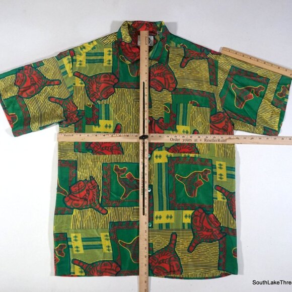 VTG 90s Silks Button Down Slik Shirt Sz Mens Medium Yellow Red Green Aztec Style - Picture 4 of 7